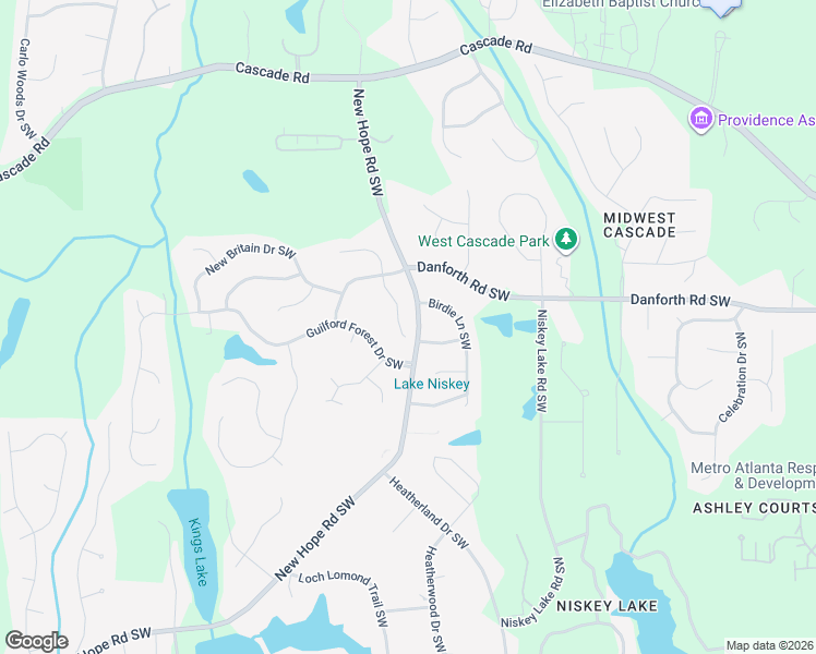 map of restaurants, bars, coffee shops, grocery stores, and more near 1050 New Hope Road Southwest in Atlanta