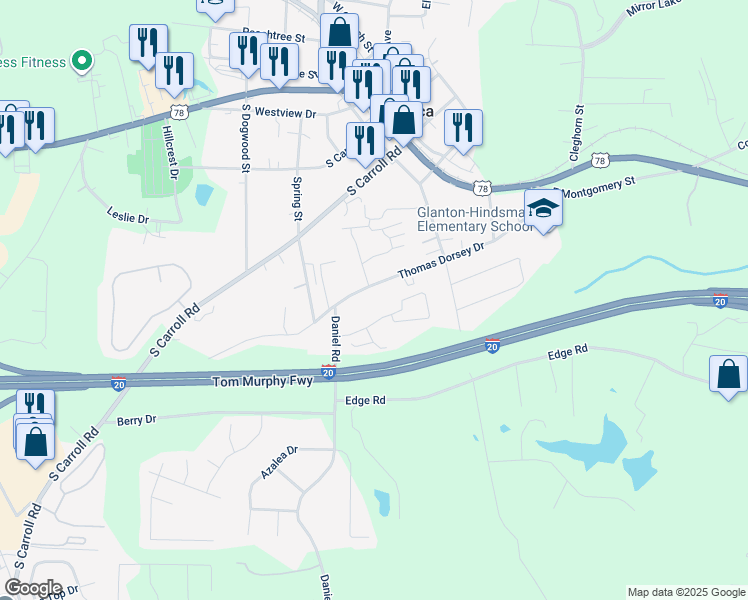 map of restaurants, bars, coffee shops, grocery stores, and more near 351 Thomas Dorsey Drive in Villa Rica