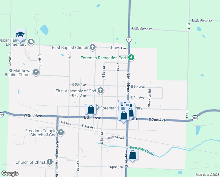 map of restaurants, bars, coffee shops, grocery stores, and more near 615 North 7th Street in Foreman