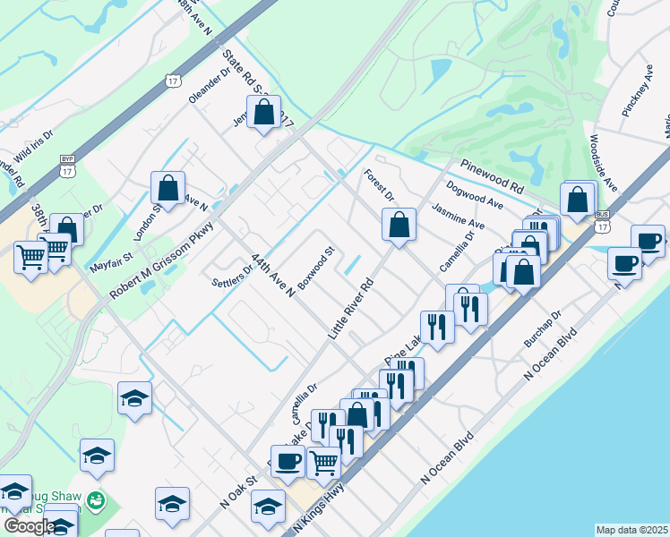 map of restaurants, bars, coffee shops, grocery stores, and more near 804 Green Bay Trail in Myrtle Beach