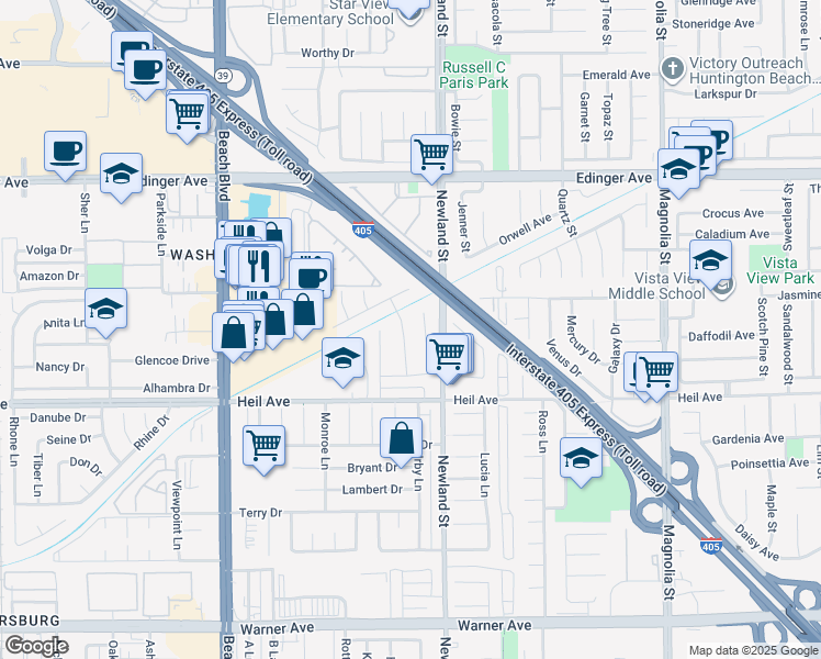 map of restaurants, bars, coffee shops, grocery stores, and more near 16360 Woodruff Street in Westminster