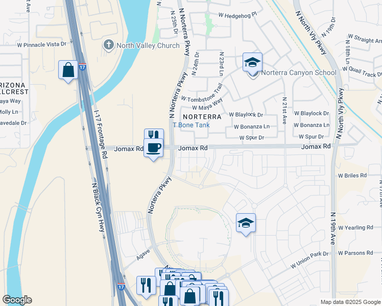 map of restaurants, bars, coffee shops, grocery stores, and more near 2417 West Spur Drive in Phoenix