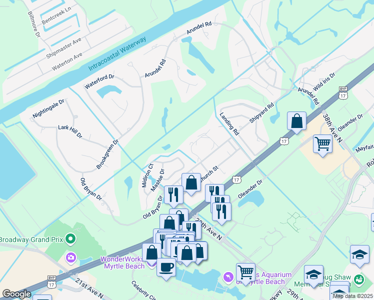 map of restaurants, bars, coffee shops, grocery stores, and more near 17-A Shorewood Drive in Myrtle Beach