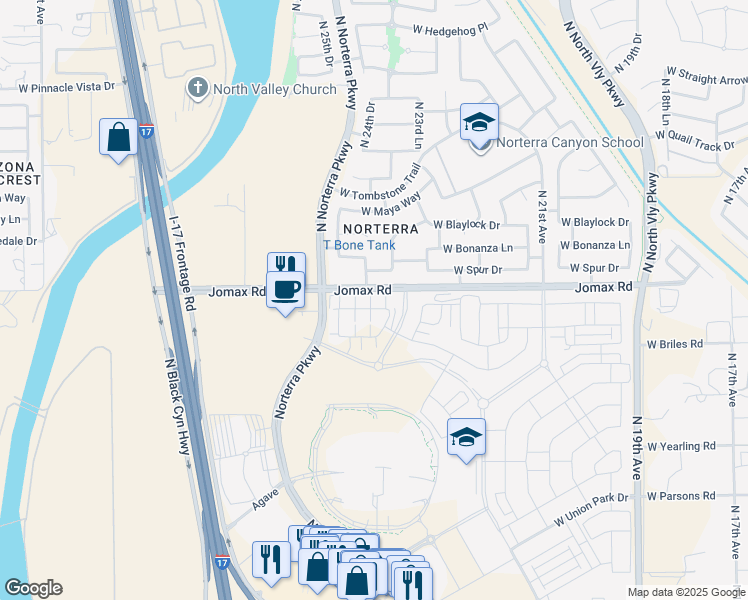 map of restaurants, bars, coffee shops, grocery stores, and more near 2417 West Spur Drive in Phoenix