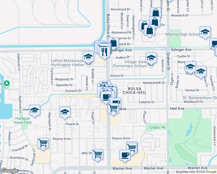 map of restaurants, bars, coffee shops, grocery stores, and more near 16444 Bolsa Chica Street in Huntington Beach