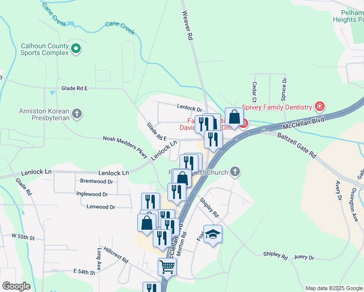 map of restaurants, bars, coffee shops, grocery stores, and more near 5821 Woodgate Circle in Anniston