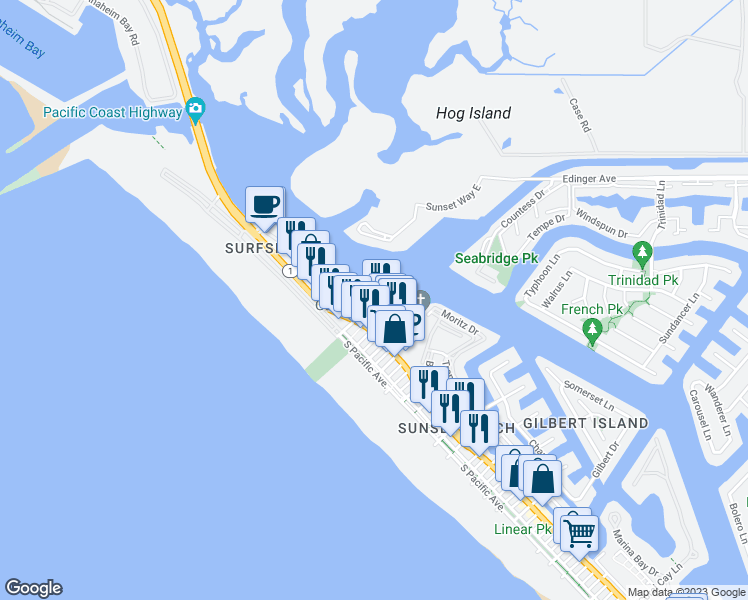 map of restaurants, bars, coffee shops, grocery stores, and more near 2872 Coast Circle in Huntington Beach