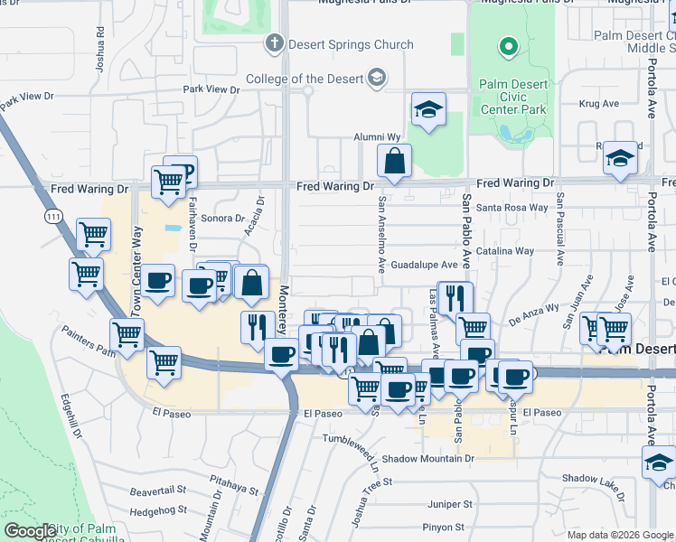 map of restaurants, bars, coffee shops, grocery stores, and more near 73163 Catalina Way in Palm Desert