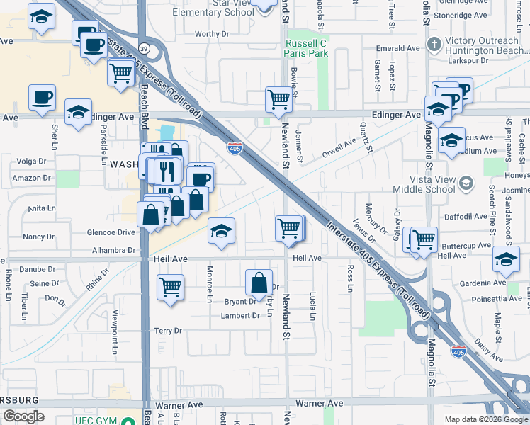 map of restaurants, bars, coffee shops, grocery stores, and more near 16360 Woodruff Street in Westminster