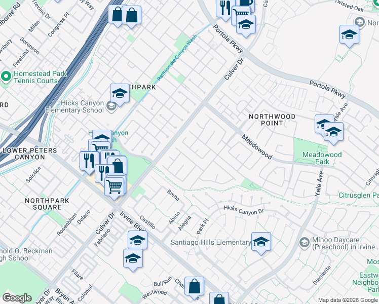 map of restaurants, bars, coffee shops, grocery stores, and more near 30 Oakhurst Road in Irvine