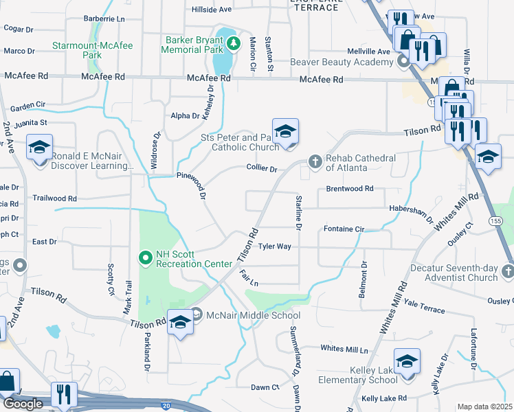 map of restaurants, bars, coffee shops, grocery stores, and more near 2057 Bixler Circle in Decatur
