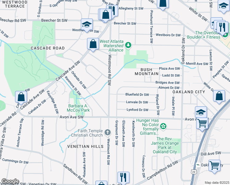 map of restaurants, bars, coffee shops, grocery stores, and more near 1481 Almont Drive Southwest in Atlanta