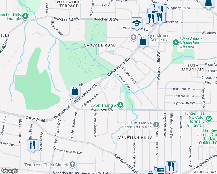map of restaurants, bars, coffee shops, grocery stores, and more near 24 Belmonte Circle Southwest in Atlanta