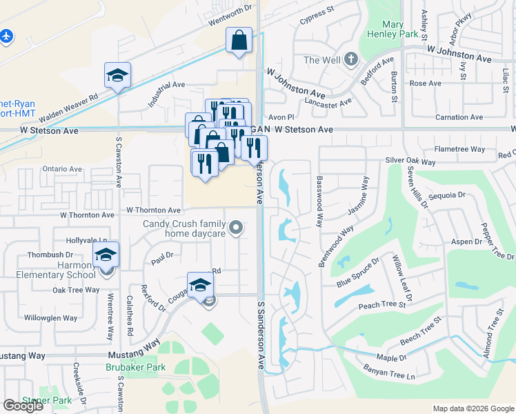 map of restaurants, bars, coffee shops, grocery stores, and more near South Sanderson Avenue & West Thornton Avenue in Hemet