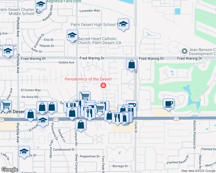 map of restaurants, bars, coffee shops, grocery stores, and more near 44235 Yucca Drive in Indian Wells