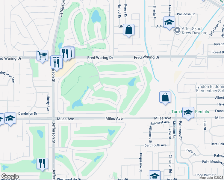 map of restaurants, bars, coffee shops, grocery stores, and more near 44590 South Heritage Palms Drive in Indio