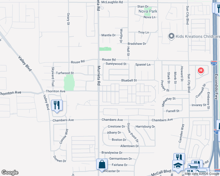 map of restaurants, bars, coffee shops, grocery stores, and more near 27250 Murrieta Road in Menifee