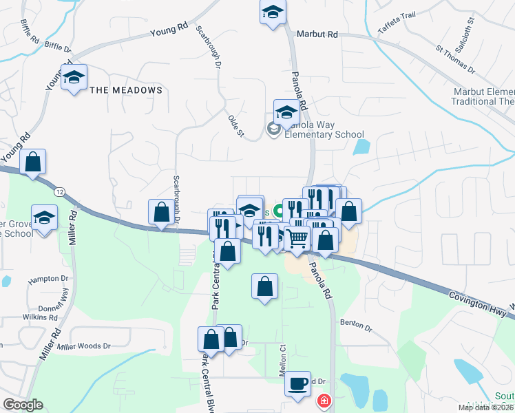 map of restaurants, bars, coffee shops, grocery stores, and more near 6050 Covington Highway in Decatur