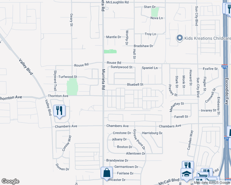 map of restaurants, bars, coffee shops, grocery stores, and more near 27250 Murrieta Road in Menifee