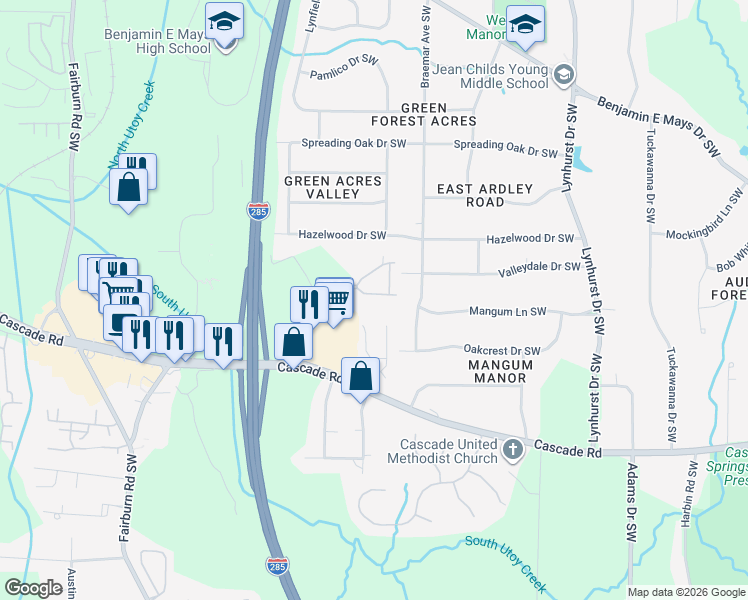 map of restaurants, bars, coffee shops, grocery stores, and more near 3363 Regent Place Southwest in Atlanta