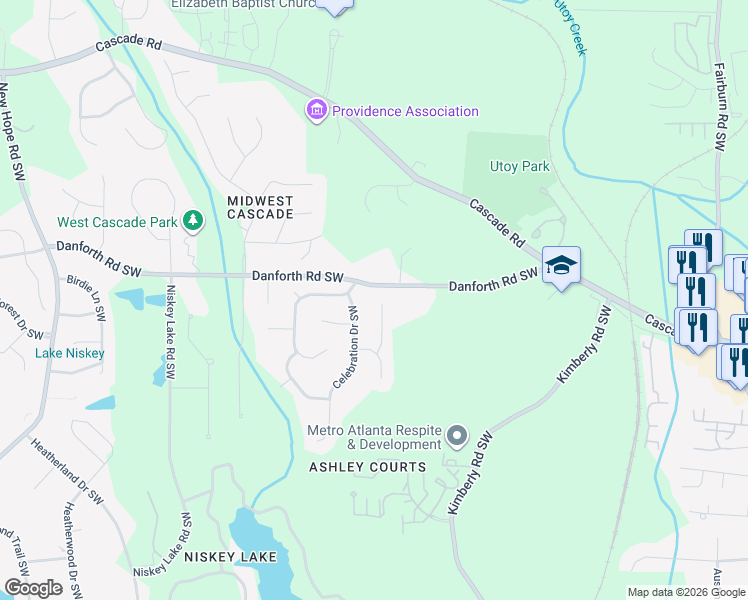 map of restaurants, bars, coffee shops, grocery stores, and more near 4181 Danforth Road Southwest in Atlanta