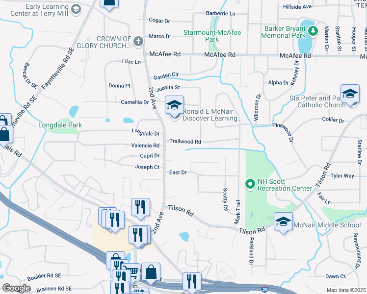 map of restaurants, bars, coffee shops, grocery stores, and more near 2056 Trailwood Road in Decatur