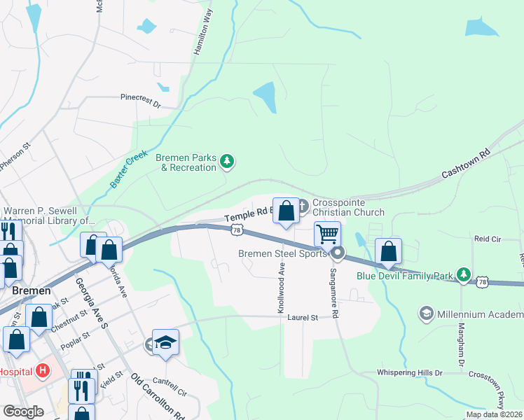 map of restaurants, bars, coffee shops, grocery stores, and more near 831 Temple Road East in Bremen