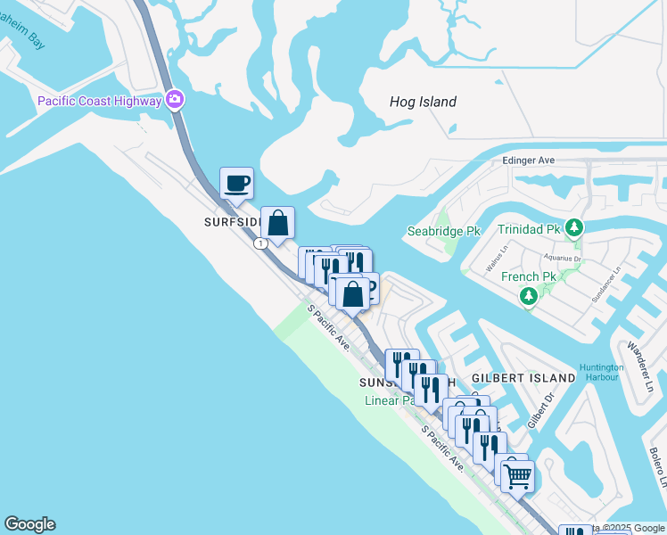 map of restaurants, bars, coffee shops, grocery stores, and more near 2872 Coast Circle in Huntington Beach