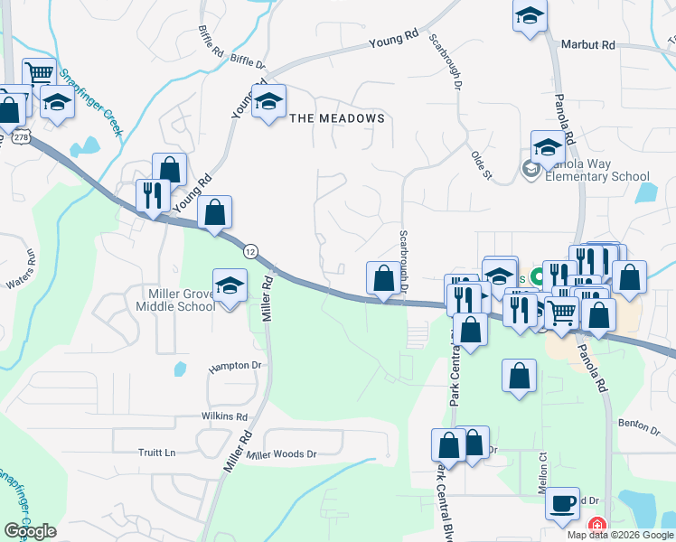 map of restaurants, bars, coffee shops, grocery stores, and more near 335 Thicket Way in Decatur