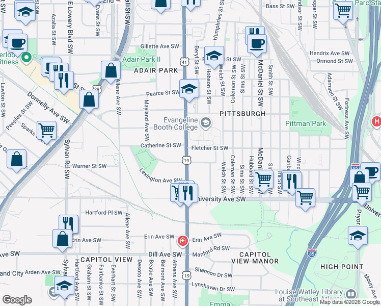 map of restaurants, bars, coffee shops, grocery stores, and more near 1057 Metropolitan Parkway Southwest in Atlanta