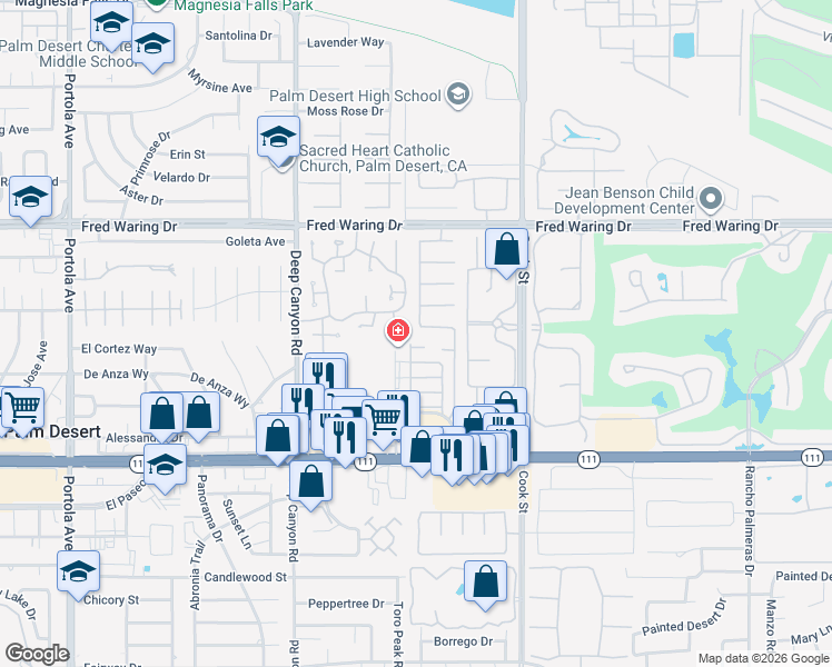 map of restaurants, bars, coffee shops, grocery stores, and more near 44235 Yucca Drive in Indian Wells