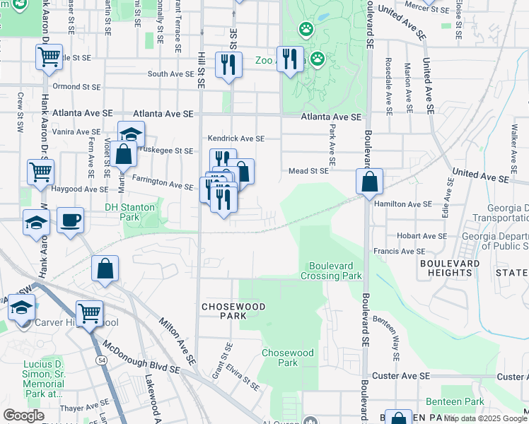 map of restaurants, bars, coffee shops, grocery stores, and more near 380 Grant Circle Southeast in Atlanta
