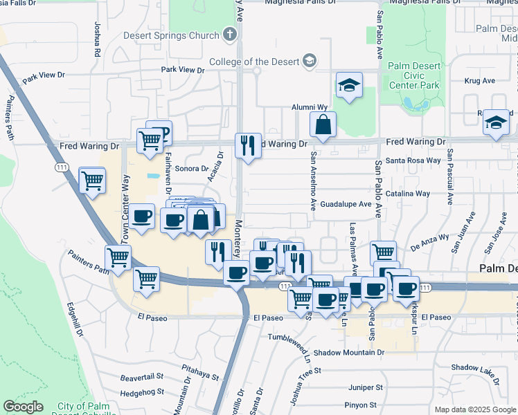 map of restaurants, bars, coffee shops, grocery stores, and more near 73095 Catalina Way in Palm Desert