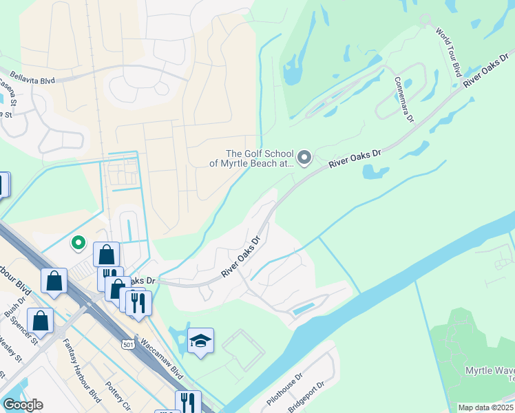 map of restaurants, bars, coffee shops, grocery stores, and more near 585 Blue River Court in Myrtle Beach