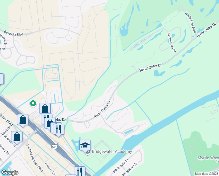 map of restaurants, bars, coffee shops, grocery stores, and more near 581 Blue River Court in Myrtle Beach