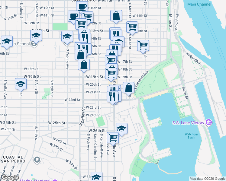 map of restaurants, bars, coffee shops, grocery stores, and more near 521 West 20th Street in Los Angeles