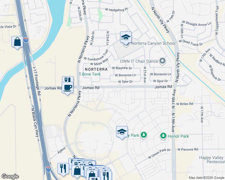 map of restaurants, bars, coffee shops, grocery stores, and more near 2307 West Spur Drive in Phoenix