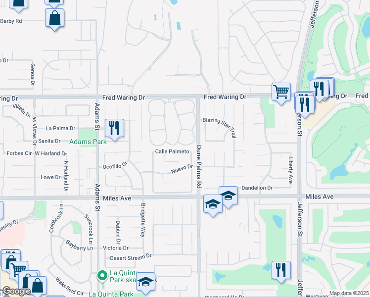 map of restaurants, bars, coffee shops, grocery stores, and more near 79397 Horizon Palms Circle in La Quinta