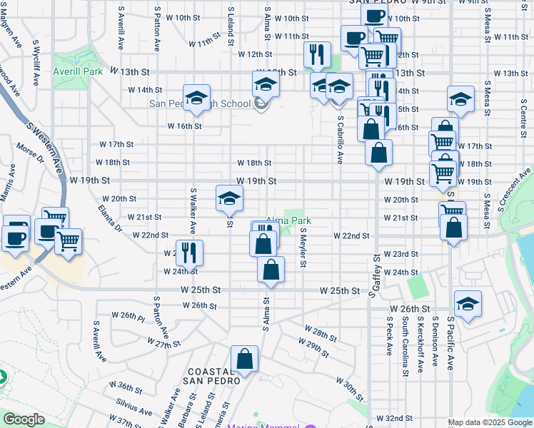 map of restaurants, bars, coffee shops, grocery stores, and more near South Alma Street in Los Angeles