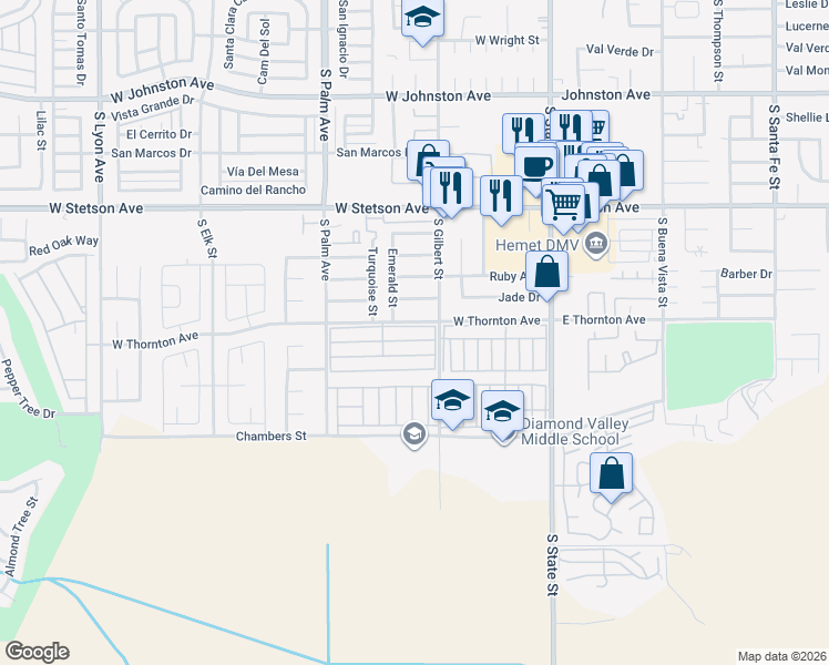 map of restaurants, bars, coffee shops, grocery stores, and more near 725 West Thornton Avenue in Hemet