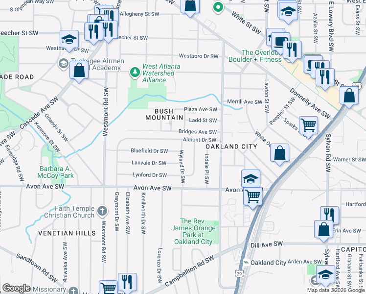 map of restaurants, bars, coffee shops, grocery stores, and more near in Atlanta