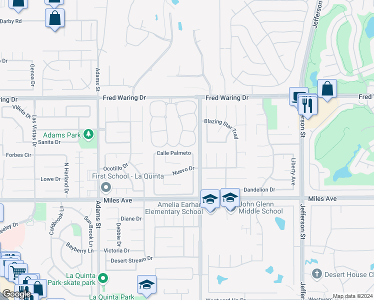 map of restaurants, bars, coffee shops, grocery stores, and more near 79454 Calle Palmeto in La Quinta