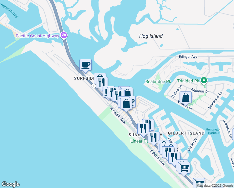 map of restaurants, bars, coffee shops, grocery stores, and more near 2861 Coast Circle in Huntington Beach