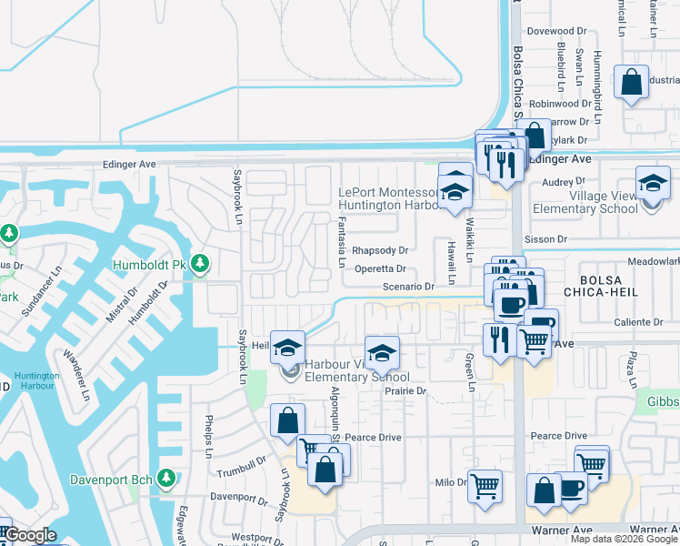 map of restaurants, bars, coffee shops, grocery stores, and more near 16291 Fantasia Lane in Huntington Beach