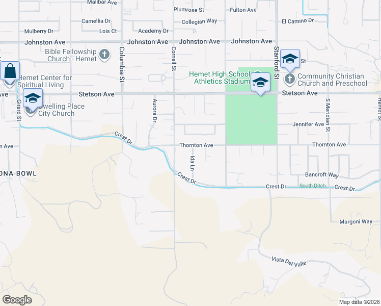 map of restaurants, bars, coffee shops, grocery stores, and more near 41304 Thornton Avenue in Hemet