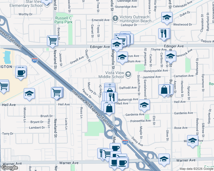 map of restaurants, bars, coffee shops, grocery stores, and more near 8940 Comet Circle in Westminster
