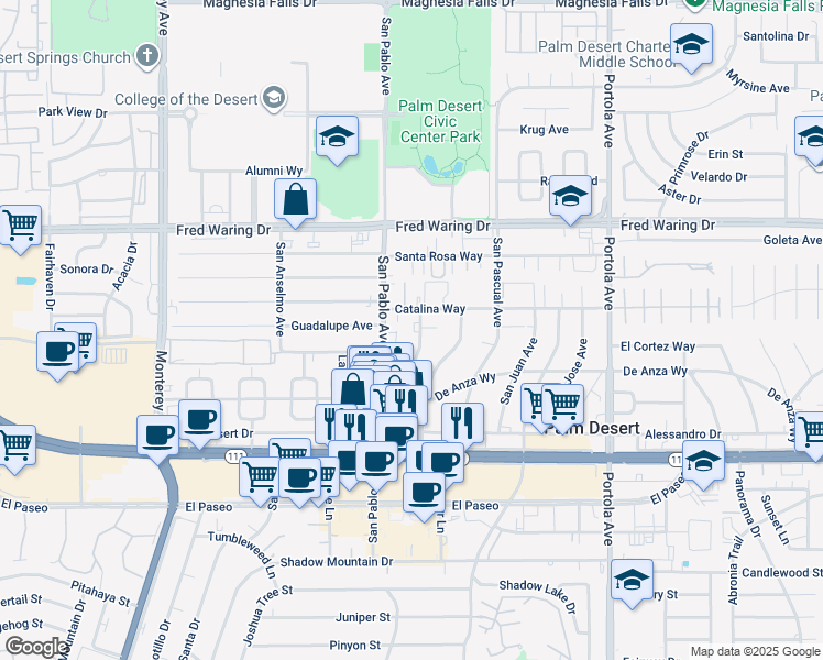 map of restaurants, bars, coffee shops, grocery stores, and more near 44441 San Rafael Avenue in Palm Desert