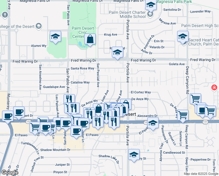 map of restaurants, bars, coffee shops, grocery stores, and more near 44381 San Luis Rey Avenue in Palm Desert