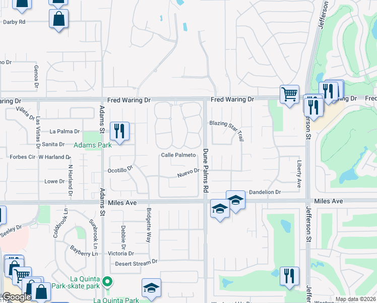 map of restaurants, bars, coffee shops, grocery stores, and more near 79438 Calle Palmeto in La Quinta
