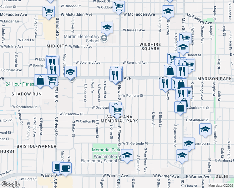 map of restaurants, bars, coffee shops, grocery stores, and more near 1614 South Flower Street in Santa Ana